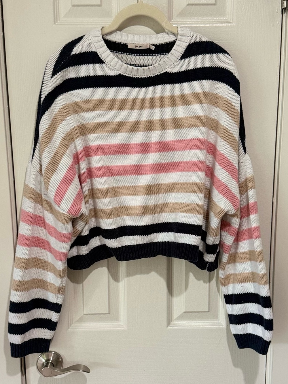 Francesca's Mi Ami Striped Cropped Crew Sweater in White, Navy, Pink & Tan